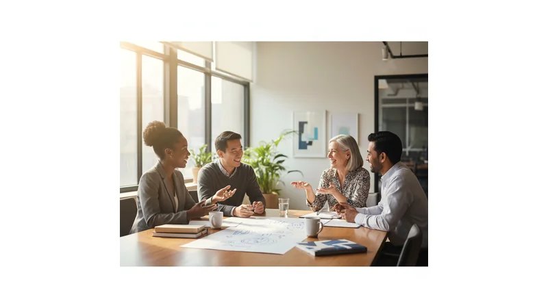 Grupo diverso de profissionais em reunião colaborativa, representando diversidade e inclusão no ambiente de trabalho | ALT TEXT: "Equipe diversa em reunião sobre diversidade e inclusão no trabalho"