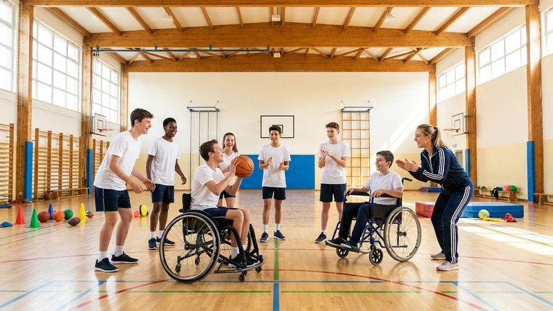 Aula de educação física adaptada, aluno cadeirante participando de atividade esportiva junto com colegas, professor auxiliando, ambiente inclusivo e acolhedor