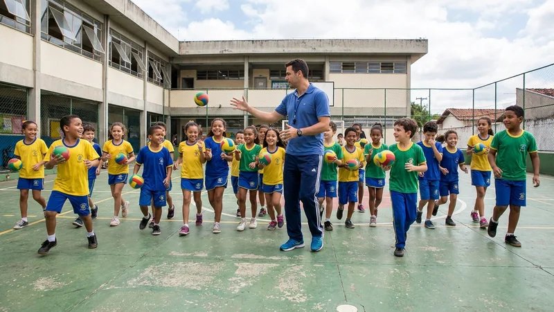 Professor de educação física em quadra escolar com alunos do ensino fundamental realizando atividade lúdica com bola, ambiente colorido e dinâmico