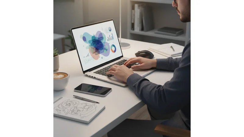 Empreendedor trabalhando em laptop com gráficos de e-commerce na tela, ambiente moderno e tecnológico