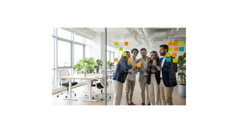 Equipe jovem em ambiente de coworking, quadro branco com post-its coloridos, brainstorming criativo