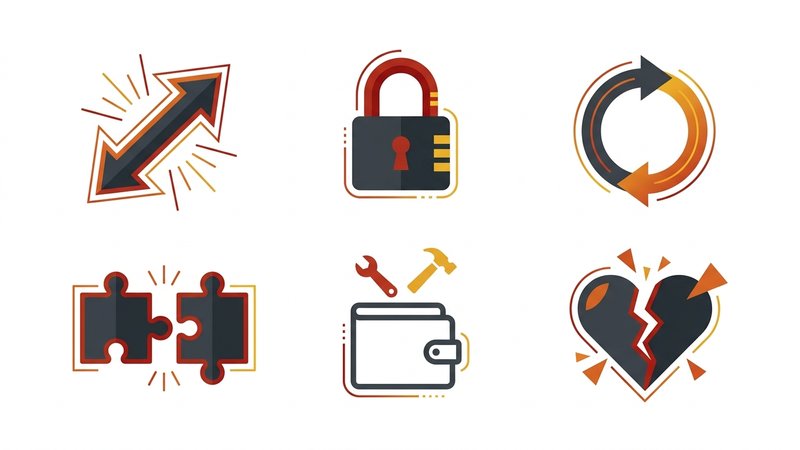 Infográfico visual mostrando os 6 erros fatais em formato de "sinais de alerta" com ícones