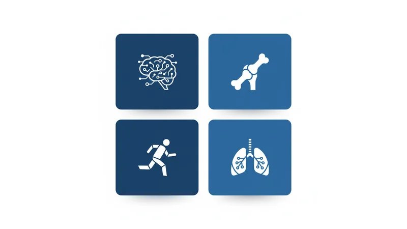 Infográfico com ícones representando as quatro especialidades (neurológica, ortopédica, esportiva, respiratória) e exemplos de temas para cada uma