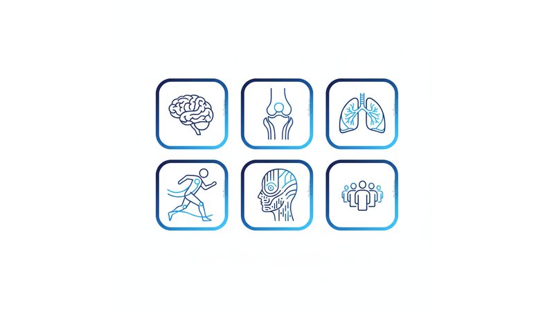 Ilustração representando as diferentes especialidades da fisioterapia — neurologia, ortopedia, respiratória — em um mosaico visual