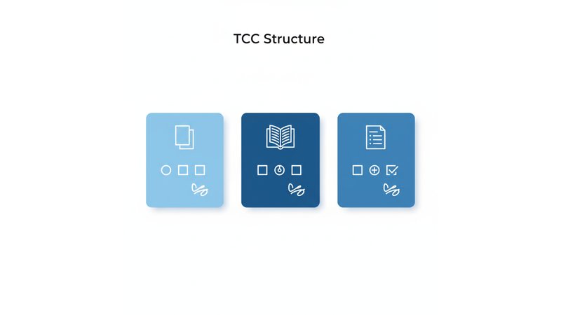 Infográfico mostrando a estrutura visual de um TCC (elementos pré-textuais, textuais e pós-textuais) com ícones representando cada parte