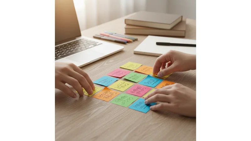 Estudante escrevendo em caderno, com post-its coloridos organizando ideias, ambiente de estudo organizado | ALT TEXT: "Estudante organizando problema de pesquisa e objetivos para TCC de RH"