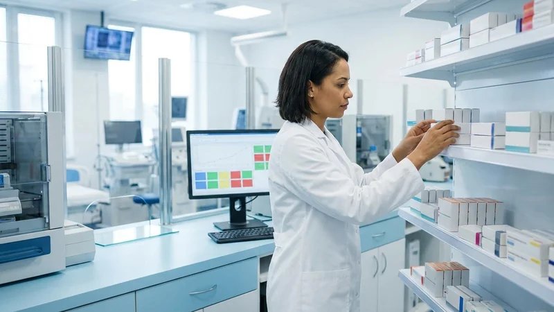 Farmacêutico orientando paciente em balcão de farmácia, ambiente acolhedor, transmitindo confiança e profissionalismo