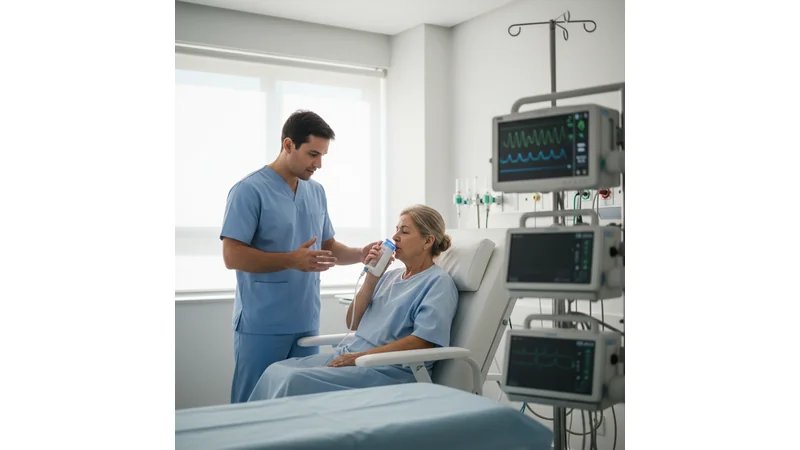 Fisioterapeuta realizando atendimento respiratório, com paciente em uso de equipamentos como incentivador respiratório ou ventilação mecânica
