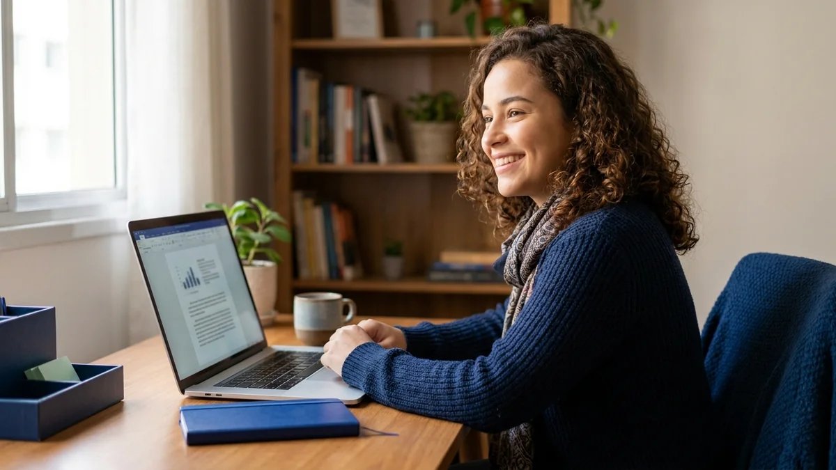 Estudante sorrindo em frente ao computador com documento formatado ABNT na tela, ambiente organizado e iluminado, transmitindo alívio e conquista | ALT: "Estudante feliz após finalizar formatação ABNT do TCC no computador"
