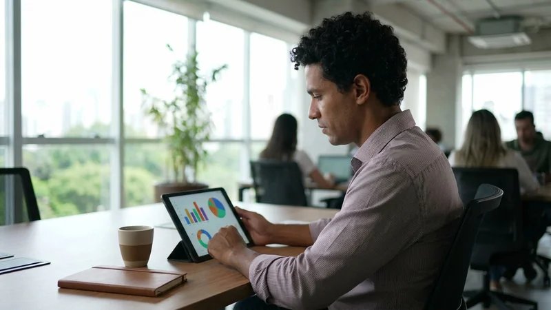 Empreendedor gastronômico analisando planilhas de custos em tablet, ambiente de restaurante moderno, gráficos e indicadores visíveis na tela