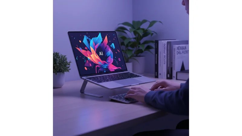 Tela de computador mostrando interface de IA generativa (tipo ChatGPT ou Midjourney) criando conteúdo publicitário, com elementos futuristas e criativos