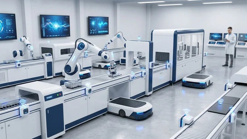 Ambiente de indústria 4.0 com elementos visuais de IoT, robótica, análise de dados e conectividade digital