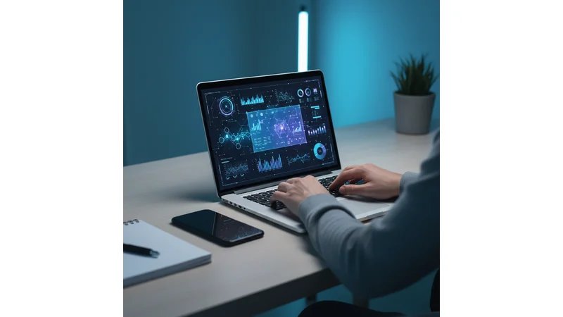 Tela de computador mostrando interface de IA generativa sendo usada em contexto jornalístico, com códigos e análise de dados ao fundo