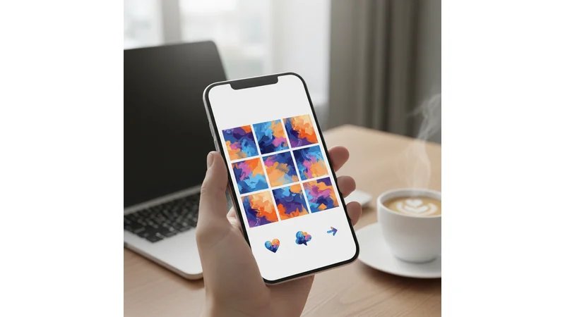 Tela de smartphone mostrando feed de Instagram com conteúdo publicitário, métricas de engajamento e ícones de redes sociais ao fundo