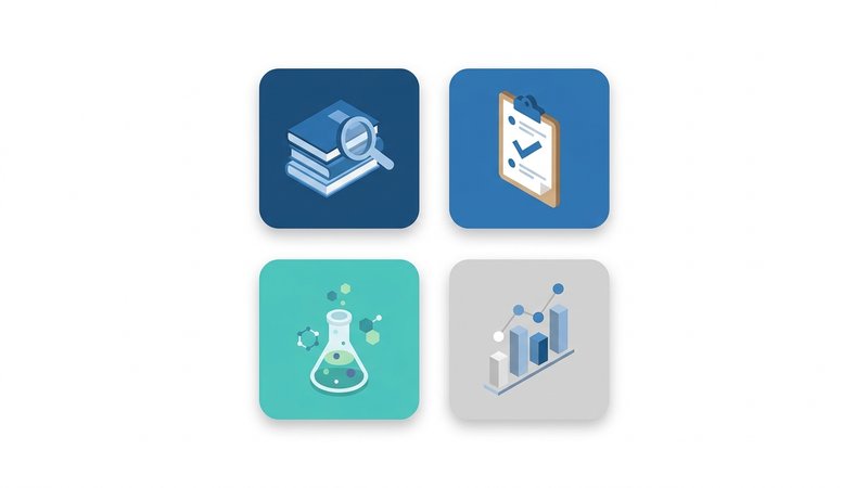 Diagrama ilustrando os 4 tipos de metodologia em biomedicina com ícones representando revisão bibliográfica, estudo de caso, pesquisa experimental e pesquisa descritiva | ALT: "tipos de metodologia para tcc de biomedicina - revisão bibliográfica, estudo de caso, experimental e descritiva"