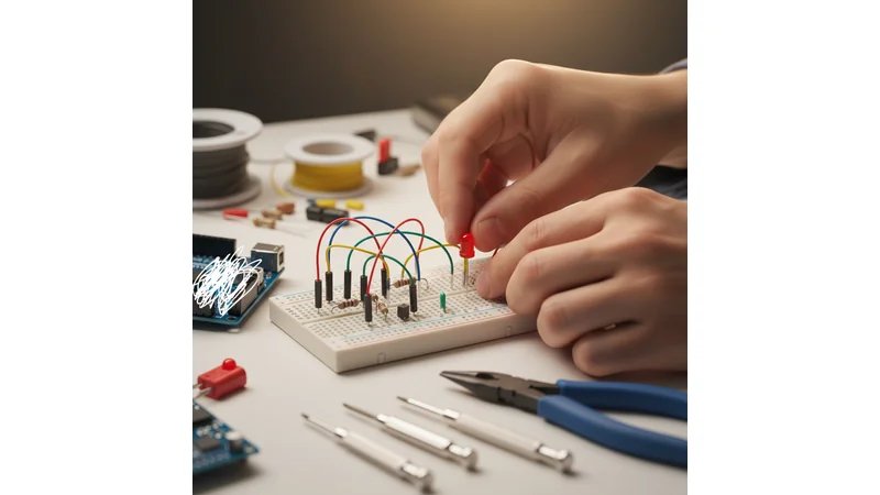 Estudante apresentando gráficos e resultados em tela de computador, com protótipo ao lado