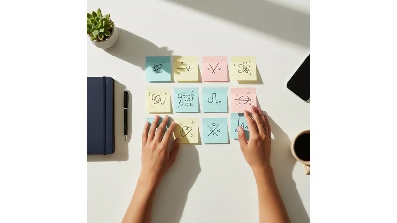 Quadro branco com post-its coloridos organizando temas de TCC por subáreas, mãos de estudante organizando ideias