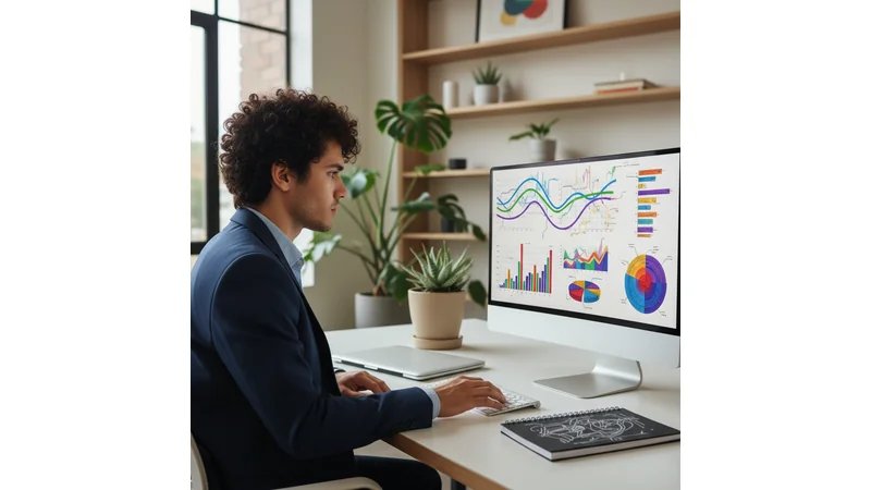 Profissional de RH analisando gráficos e dados em tela de computador, ambiente corporativo moderno, representando People Analytics | ALT TEXT: "Profissional de RH utilizando People Analytics para gestão de talentos"