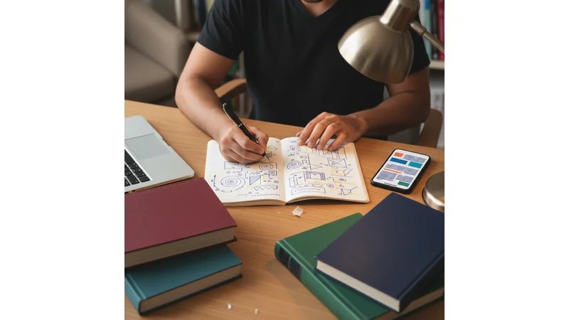 Estudante pesquisando em biblioteca universitária com laptop aberto, livros e artigos científicos sobre publicidade ao redor
