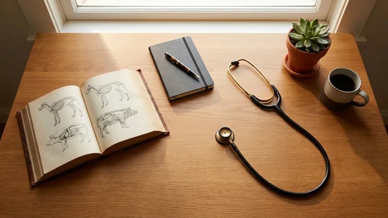 Estudante de veterinária em biblioteca ou sala de estudos, cercado de livros e laptop, fazendo anotações e planejamento de TCC