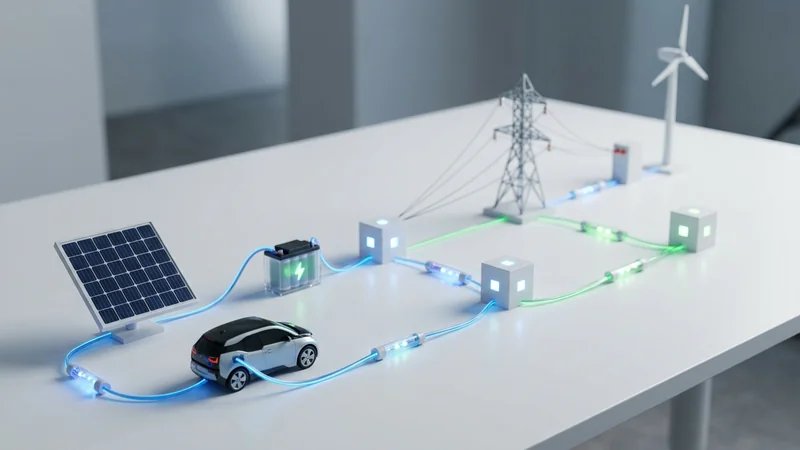 Visualização de smart grid com painéis solares, veículos elétricos, armazenamento de energia e rede de distribuição inteligente