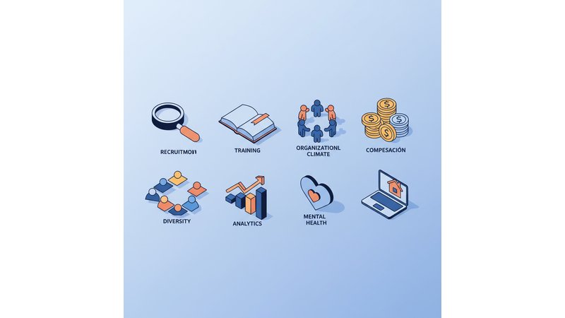 Infográfico visual mostrando as 8 subáreas de RH (recrutamento, T&D, clima, remuneração, diversidade, People Analytics, saúde mental, trabalho híbrido) com ícones representativos | ALT TEXT: "Infográfico com 8 subáreas de temas para TCC de Recursos Humanos"