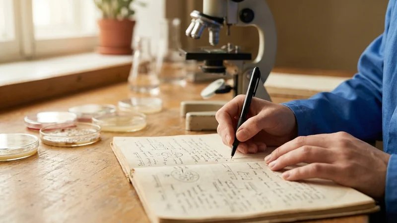 Infográfico mostrando os três tipos de TCC em Biologia: experimental, campo e bibliográfico, com ícones representativos