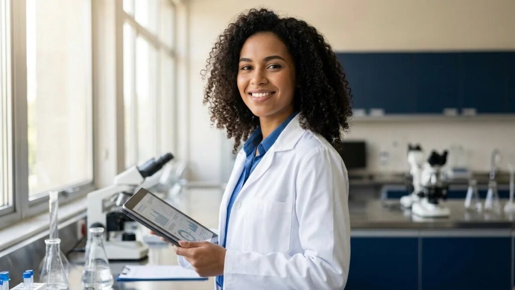 Estudante de biomedicina sorrindo segurando tablet com documentos acadêmicos em laboratório universitário moderno - TCC Biomedicina
