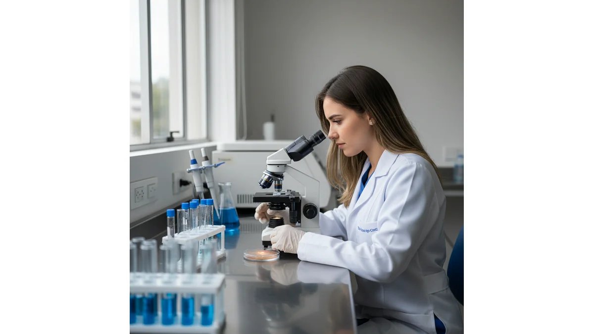 Estudante de biomedicina em laboratório analisando microscópio, com expressão focada e confiante. Ambiente profissional, iluminação natural.