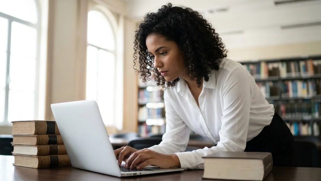 Estudante de Direito concentrada escrevendo TCC de Direito em biblioteca universitária com laptop, Constituição Federal e livros jurídicos sobre a mesa