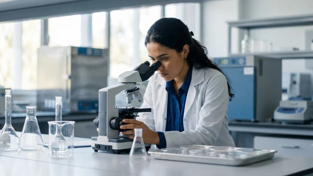 Estudante de farmácia trabalhando em TCC de Farmácia em laboratório universitário com microscópio e materiais de pesquisa