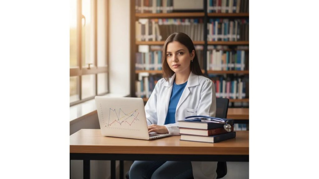 Estudante de veterinária confiante estudando TCC de veterinária em biblioteca universitária com laptop e livros de metodologia científica