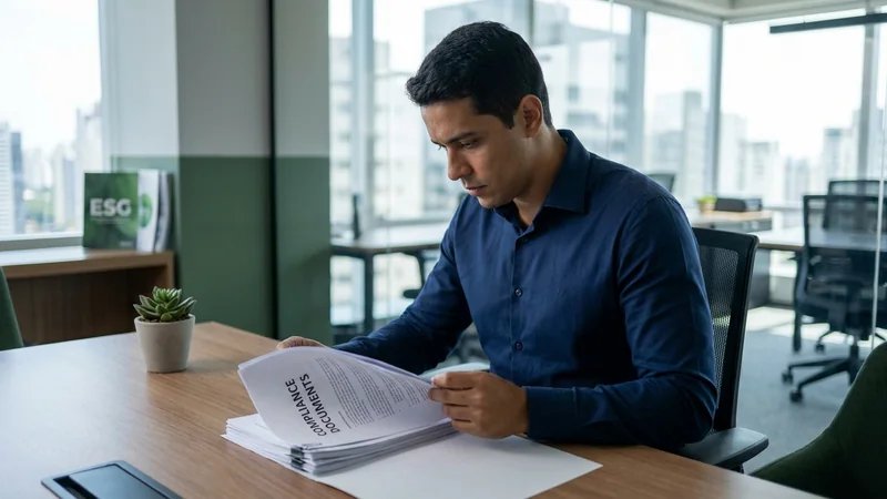 Empresário analisando documentos de compliance com símbolos de sustentabilidade ao fundo