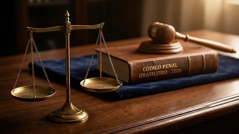 Balança da justiça com código penal e martelo de juiz ao fundo