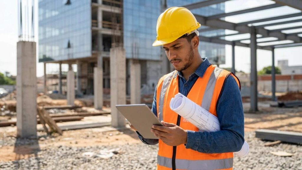 Estudante de engenharia civil com capacete de segurança amarelo analisando projeto de TCC em canteiro de obras com tablet e plantas arquitetônicas