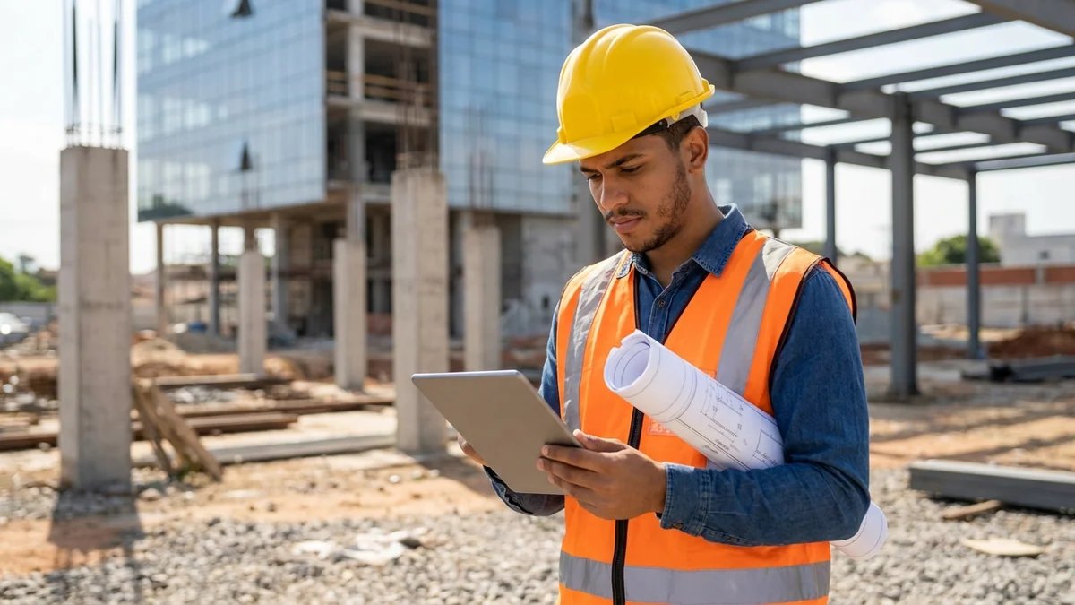 Estudante de engenharia civil com capacete de segurança analisando projeto arquitetônico em canteiro de obras, com plantas e tablet à mão