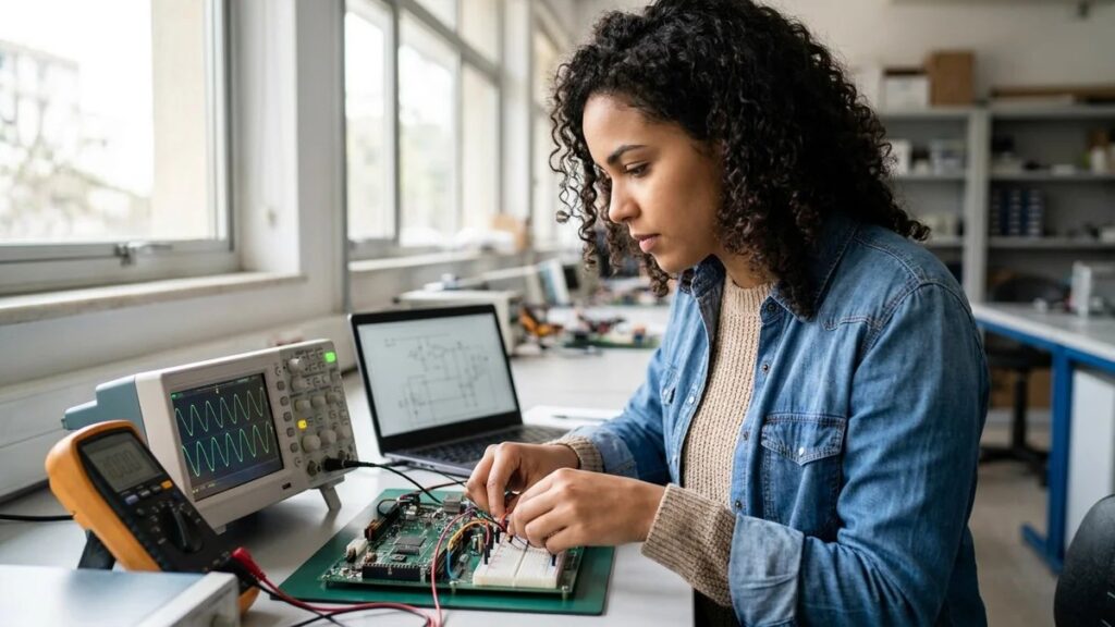 Estudante de engenharia elétrica trabalhando focada em laboratório universitário moderno com osciloscópio, multímetro e circuitos eletrônicos, representando TCC de engenharia elétrica