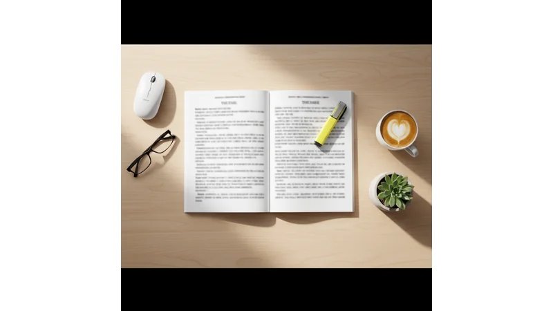 Mesa de estudo organizada com TCC impresso, caneta marca-texto, café e planta, ambiente acolhedor e produtivo