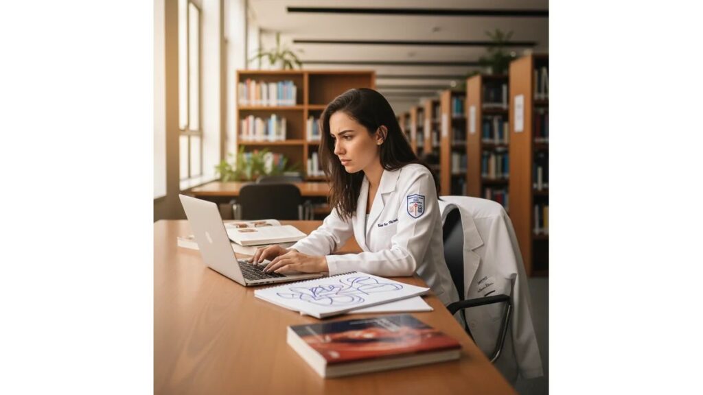 Estudante de fisioterapia trabalhando em TCC no laptop com livros de anatomia e materiais acadêmicos em biblioteca universitária moderna