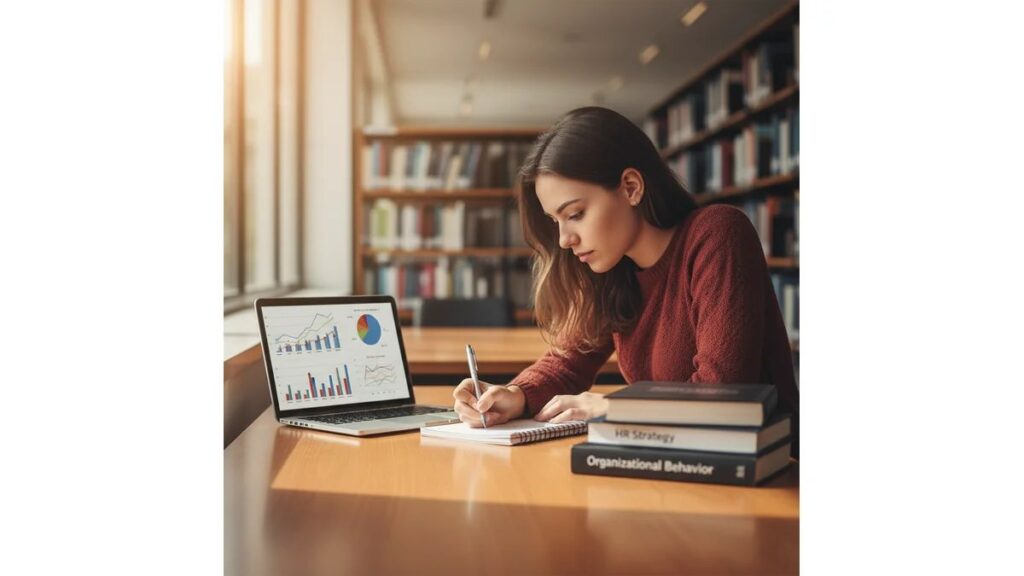 Estudante universitária brasileira trabalhando em TCC gestão de pessoas em biblioteca moderna, com laptop, livros de RH e anotações sobre comportamento organizacional