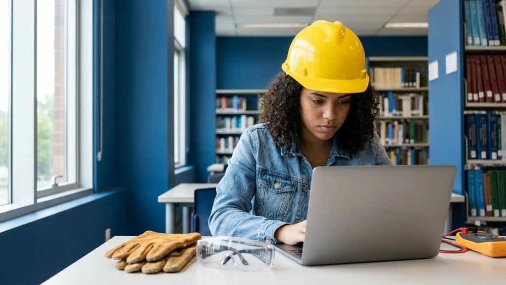 Estudante brasileira de Segurança do Trabalho estudando TCC em biblioteca universitária com capacete amarelo e laptop