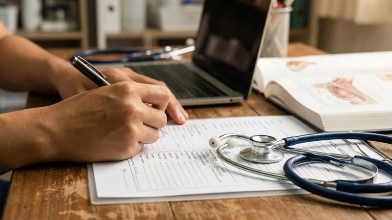 Estudante conversando com professor orientador em consultório veterinário, ambiente profissional e acolhedor
