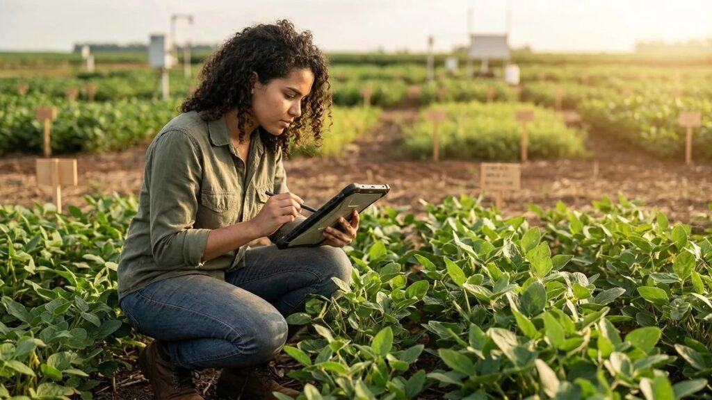 Estudante de agronomia em campo experimental analisando plantas de soja com tablet, representando pesquisa moderna para temas para TCC de agronomia