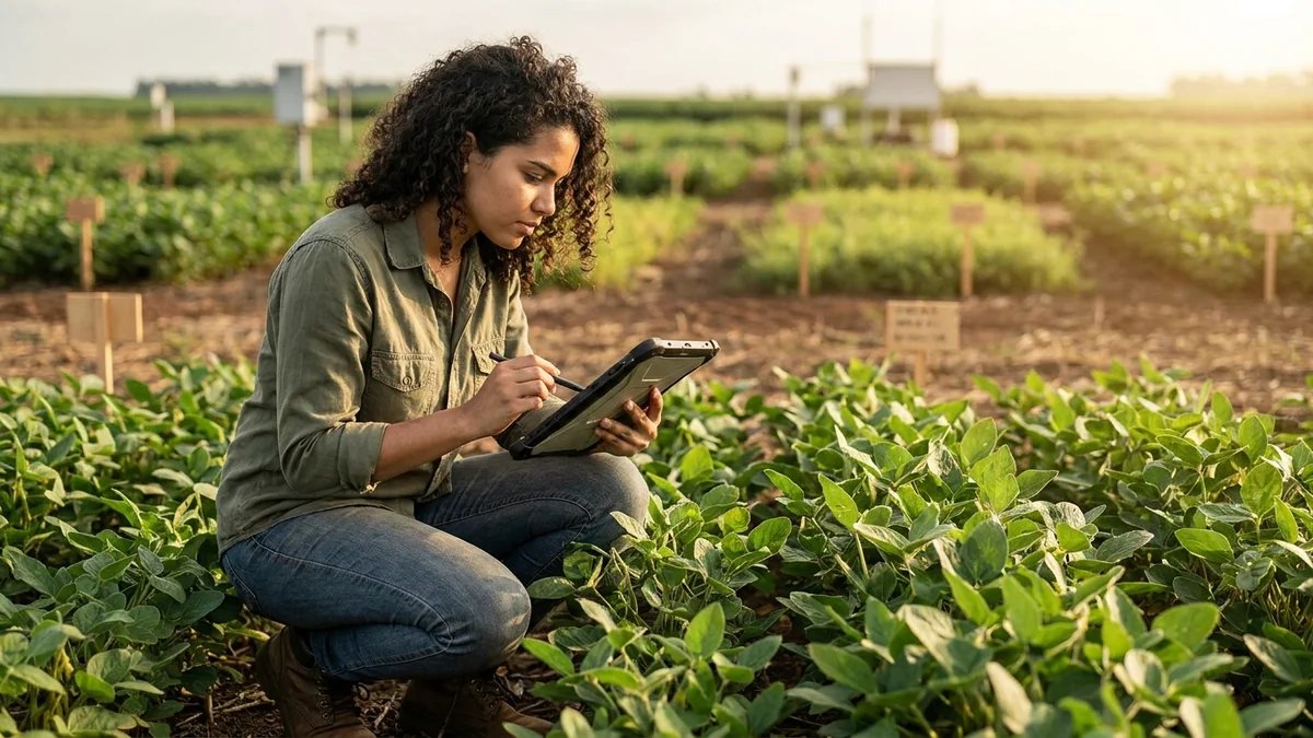 Estudante de agronomia em campo experimental analisando plantas com tablet, representando pesquisa moderna no agronegócio