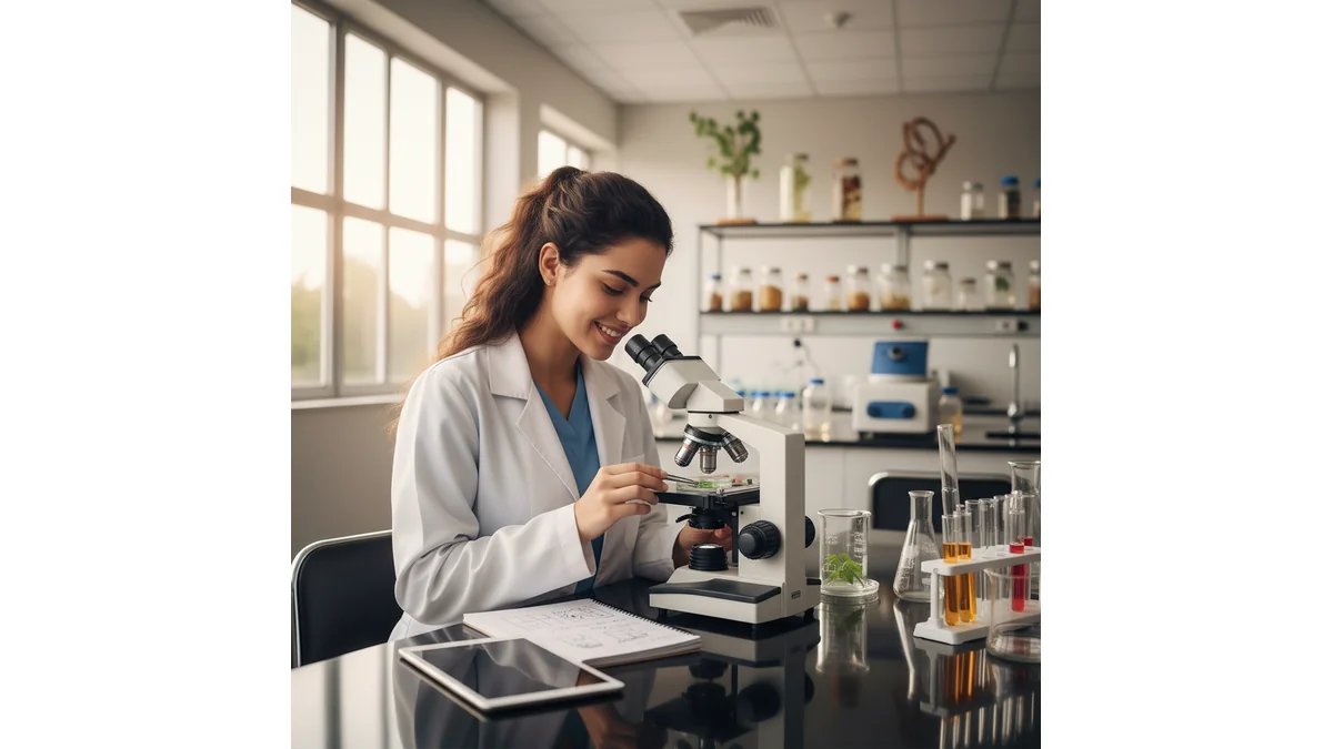 Estudante de Biologia sorrindo enquanto analisa amostras em microscópio em laboratório universitário, com caderno de anotações aberto ao lado | ALT TEXT: Estudante de Biologia escolhendo temas para TCC de Biologia enquanto trabalha em laboratório universitário