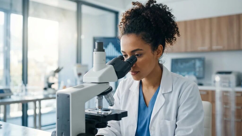 Estudante de biomedicina analisando amostras em microscópio em laboratório moderno, representando a escolha de temas para TCC de biomedicina