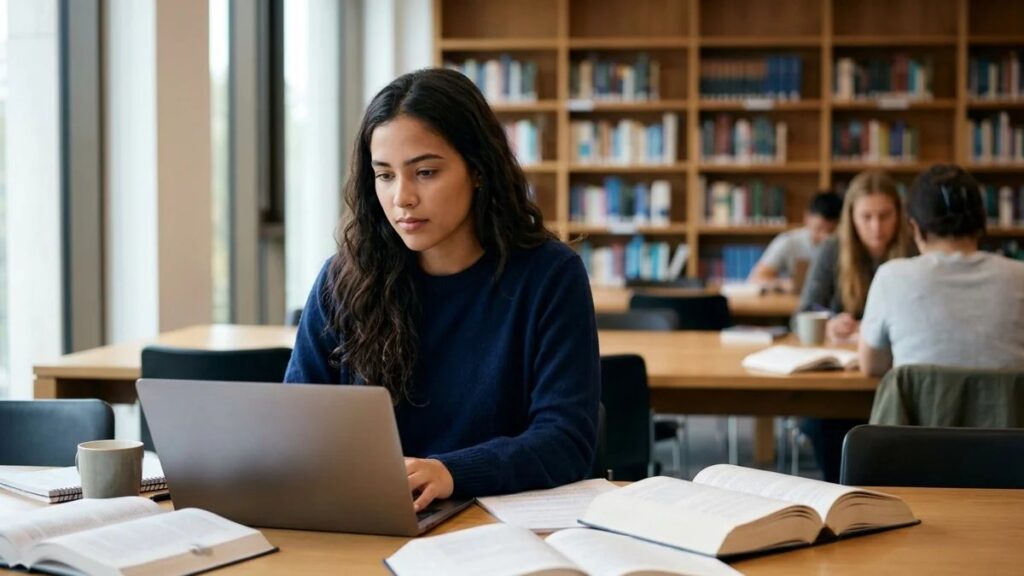 Estudante de Direito concentrada pesquisando temas para TCC de Direito em biblioteca universitária moderna com livros jurídicos e notebook