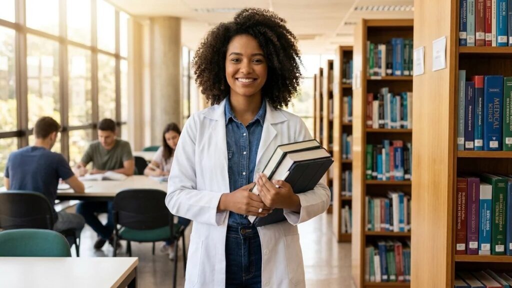 Estudante de farmácia confiante segurando livros e tablet em biblioteca universitária moderna, representando a escolha de temas para TCC de farmácia