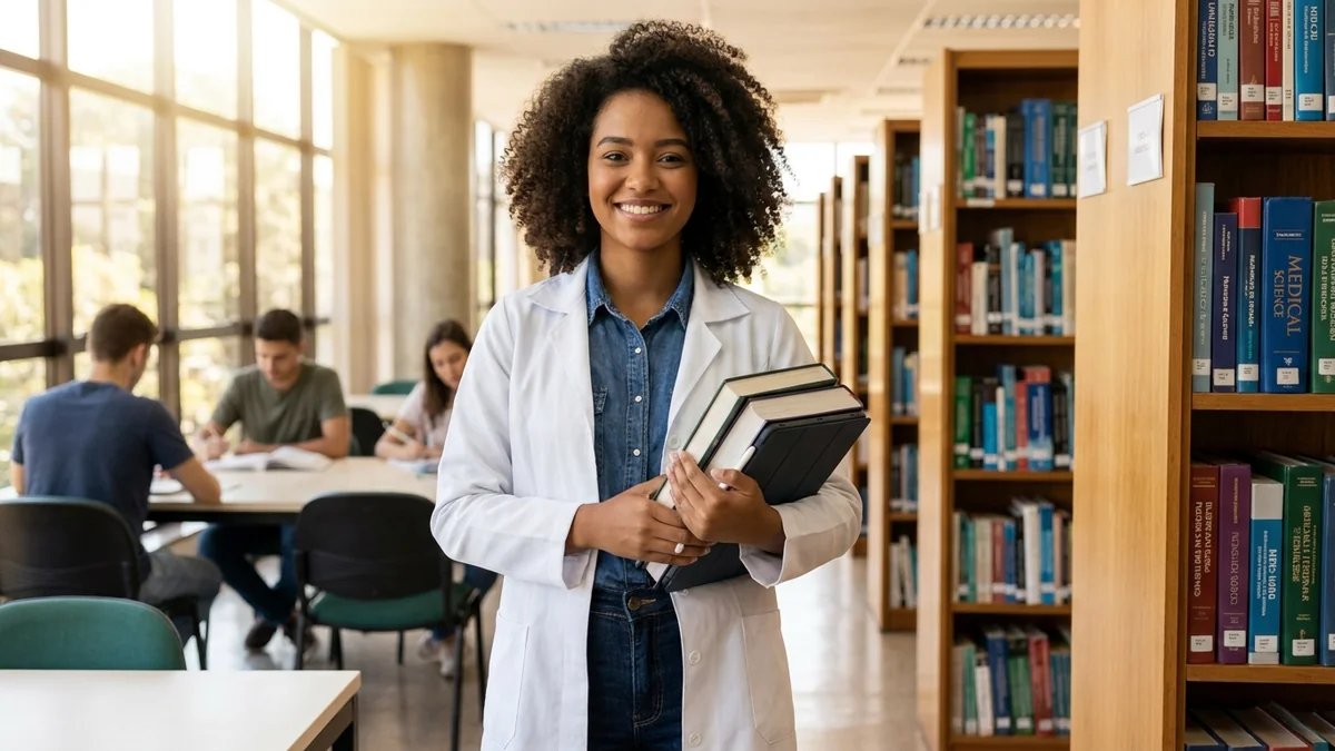 Estudante de farmácia em biblioteca moderna, segurando livros e tablet, expressão confiante e focada, ambiente acadêmico iluminado