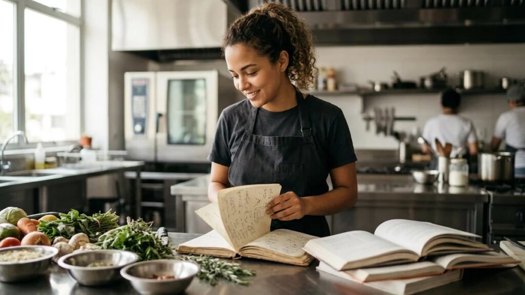 Estudante de gastronomia brasileira consultando caderno de anotações em cozinha profissional moderna, com ingredientes frescos e livros sobre bancada de inox